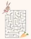 Educational maze for children, drawn by a funny bunny and carrots. Baby preschool illustration, education concept