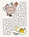 Educational maze for children, drawn hens and chick in shell. Baby preschool illustration, education concept