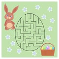 Educational maze for children in the shape of an egg, a cute bunny and a basket with Easter eggs. Baby preschool illustration