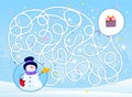 An educational maze game for children. Help the snowman find the way to the present. Puzzle for toddlers and children in