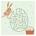 Educational maze for kids, drawn merry funny bunny and a basket with eggs. Baby preschool illustration, education concept