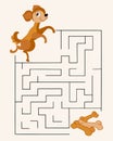 Educational maze for kids, hand drawn funny puppy and bones. Baby preschool illustration, education concept