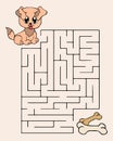 Educational maze for kids, hand drawn puppy and bones. Cheerful puppy. Baby preschool illustration, education concept