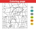 Educational number coloring page for preschool kids. Underwater theme. Cute cartoon dolphin. Vector illustration Royalty Free Stock Photo