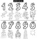 Educational numbers set with Christmas characters coloring book page Royalty Free Stock Photo