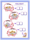 Educational page for children on addition. Count how much money there are in each piggy bank.
