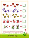 Educational page for children on addition. Exercise book. Solve examples, count the quantity of bugs and write the numbers.