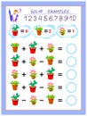 Educational page for children on addition and subtraction. Solve examples and write numbers in circles.