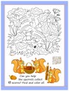 Educational page for children. Can you help the squirrels collect 15 acorns? Find and color all. Coloring book. Printable Royalty Free Stock Photo