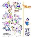 Educational page for children. Coloring book. Can you color all the butterflies so that they have the same pattern? Logic puzzle