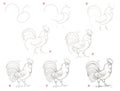 Educational page for children shows how to create step by step a pencil drawing of rooster.