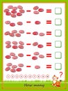 Educational page for children on subtraction. Solve examples, count the quantity of sausage slices and write the numbers.