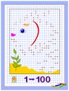 Educational page for kids. Printable worksheet on square paper for children. Draw the line from number 1 to 100 and color picture.