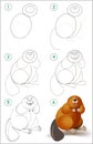 Educational page for kids shows how to learn step by step to draw a cute beaver. Back to school. Developing children skills.