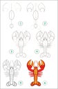 Educational page for kids shows how to learn step by step to draw a cute lobster. Back to school. Developing children skills.