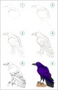 Educational page for kids shows how to learn step by step to draw a cute raven. Back to school. Developing children skills.