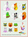 Educational page for kids textbook. Draw the second part of each animals head. Worksheet for baby coloring book. Developing