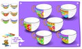 Educational page for kids textbook. Need to paint the second parts of cups. Worksheet for baby book.