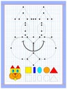 Educational page for kids to study geometrical figures. Join points and paint image corresponding colors.