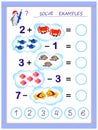 Educational page for little children on addition and subtraction. Solve examples, count the quantity of fiches and write the Royalty Free Stock Photo