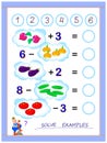 Educational page for little children on addition and subtraction. Solve examples, count the quantity of vegetables and write the