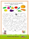 Educational page for little children. Can you find and color all the vegetables hidden in picture? Logic puzzle game. Coloring