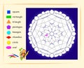 Educational page for little children. Color beautiful mandala. Learn geometric shapes. Printable template with exercise for kids.