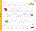 Educational page for little children. Draw the paths after the insects. Trace lines. Developing writing skills. Printable