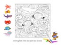 Educational page for little children. Logic puzzle game. Coloring book. Find and paint sea animals. Printable template with