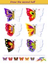 Educational page for little children. Logic puzzle game. Draw the second half of butterflies by example. Coloring book. Printable