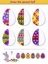Educational page for little children. Logic puzzle game. Draw the second half of Easter eggs by example. Coloring book. Printable
