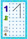 Educational page for little children on square paper. Connect the dots. Draw the number by example. Developing writing skills.