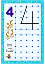 Educational page for little children on square paper. Connect the dots. Draw the number by example. Developing writing skills.