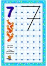 Educational page for little children on square paper. Connect the dots. Draw the number by example. Developing writing skills.