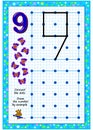 Educational page for little children on square paper. Connect the dots. Draw the number by example. Developing writing skills.