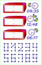 Educational page for young children. Need to join the points with straight lines and write the correct time on the watches.