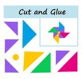 Educational paper game for kids. Cut parts of the image and glue on the paper. DIY worksheet. Pinwheel from geometric shapes