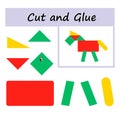 Educational paper game. Cut parts of the image and glue on the paper. DIY worksheet. Vector illustration of cartoon horse