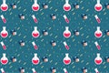 Educational pattern decoration with test tubes and book icons. Study backdrop and book cover seamless pattern design. Science