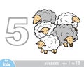 Educational poster for children about numbers. Digit five, five sheep. Vector cartoon illustration