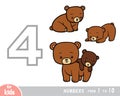 Educational poster for children about numbers. Digit four, four bears. Vector cartoon illustration