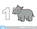 Educational poster for children about numbers. Digit one, one rhino. Vector cartoon illustration Royalty Free Stock Photo