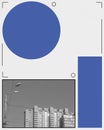 Educational poster series about the history of urban architecture. Monochrome apartment block with abstract blue