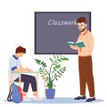 Educational process, learning concept. Young elementary school teacher helping in learning to boy pupil schoolboy during Royalty Free Stock Photo