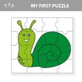 Educational puzzle game for children. Kids activity sheet with snail character