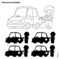 Educational Puzzle Game for kids. Find correct shadow. Coloring Page Outline Of cartoon car with driver. Coloring book for Royalty Free Stock Photo