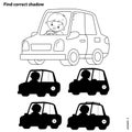 Educational Puzzle Game for kids. Find correct shadow. Coloring Page Outline Of cartoon car with driver. Coloring book for Royalty Free Stock Photo