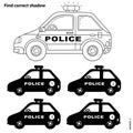 Educational Puzzle Game for kids. Find correct shadow. Police car. Coloring Page Outline Of cartoon police car. Coloring book for Royalty Free Stock Photo