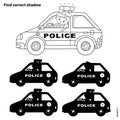 Educational Puzzle Game for kids. Find correct shadow. Police car. Coloring Page Outline Of cartoon policeman with car. Coloring