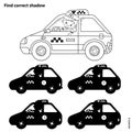 Educational Puzzle Game for kids. Find correct shadow. Taxi car. Coloring Page Outline Of cartoon taxi driver with car. Coloring